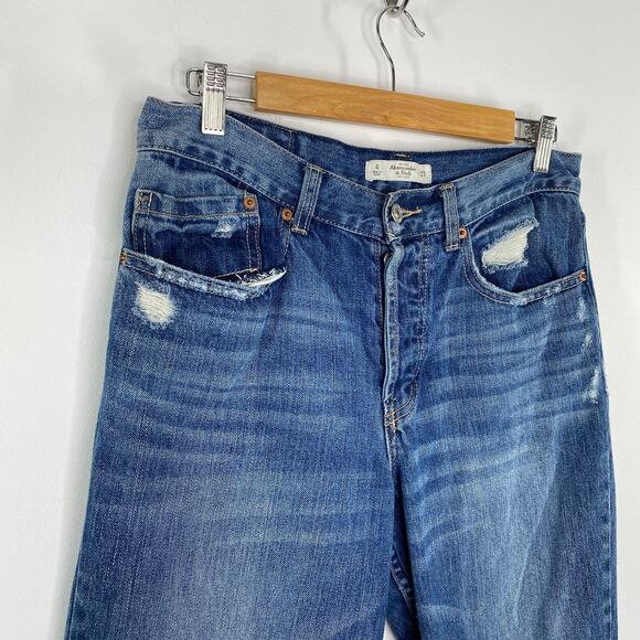 Abercrombie Dark Wash Distressed Button Fly Mom Denim Jeans Womens Size 4/27 - Picture 7 of 12